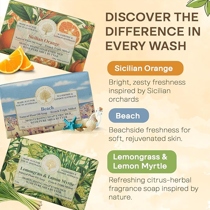 Wavertree & London Natural Soap Bars Gift Set (Set of 6), 7 Oz Assorted Scented Bar Soap Gift Box for Women & Men, Moisturizing & Pure Triple Milled Luxury Bath Soap Bars enriched with Shea Butter