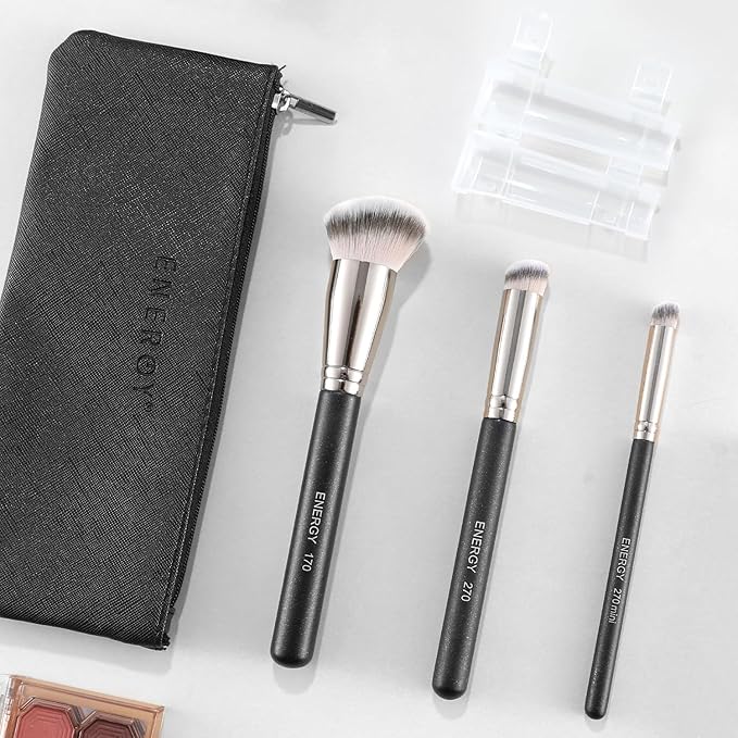 ENERGY Makeup Brush Set Professional 3pcs Foundation Concealer Detail Brushes Soft Synthetic Bristles Vegan Face Makeup Brushes for Liquid Cream Powder Flawless Blending Buffing with Travel Case