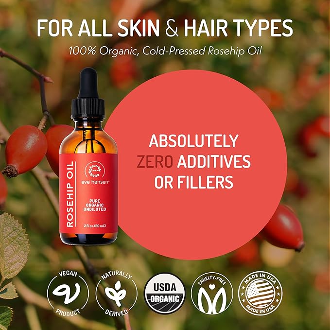 Eve Hansen Rosehip Oil for Face & Skin – Organic Cold-Pressed Rosehip Seed Oil | Hydrating & Fast-Absorbing Moisturizer | 2oz