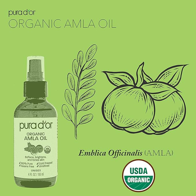 PURA D'OR 4 Oz ORGANIC Amla Oil, 100% Pure USDA Certified Premium Grade, Cold Pressed, Unrefined, Extra Virgin, Hair Serum & Thickening Hair Product w/Pump for Women & Men