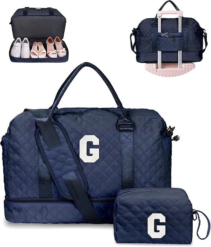 Gifts for Girls-Initial Duffle Bag with Shoe Compartment, Personalized Weekender Bag, Monogram Overnight Bag, Letter Travel Bag with Makeup Bag,Personalized Gift Idea for Women Her (Letter G)