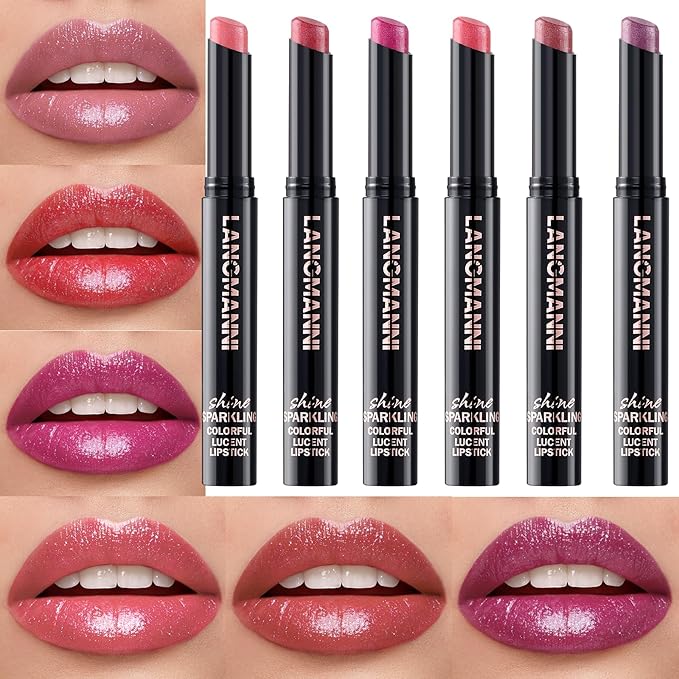 Jolilab 6Pcs Sparkling Lipstick Lip Gloss Long Lasting Waterproof Moisturizer Lip Balm Glitter Shimmer Metallic Lipstick, Diamond Shiny Bold Glow Goth Lipstick for Women Girls,Non-sticky(D#1-6)