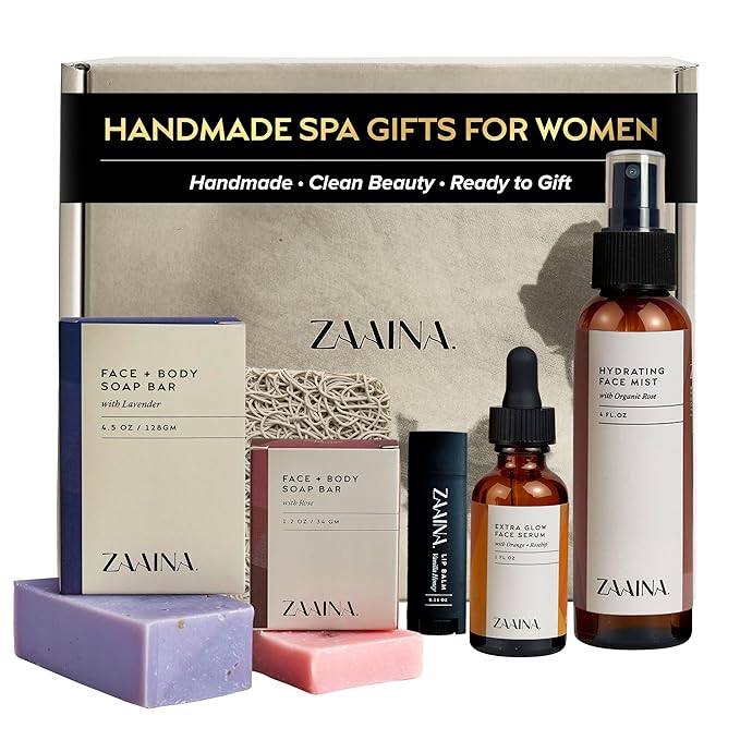 ZAAINA Spa Gift Basket for Women – Luxury Self Care Kit with Face Mist, Glow Serum, Soaps & Lip Balm – Natural Handmade Pampering Care Package for Women – Birthday & Relaxation Spa Basket (Deluxe Set)
