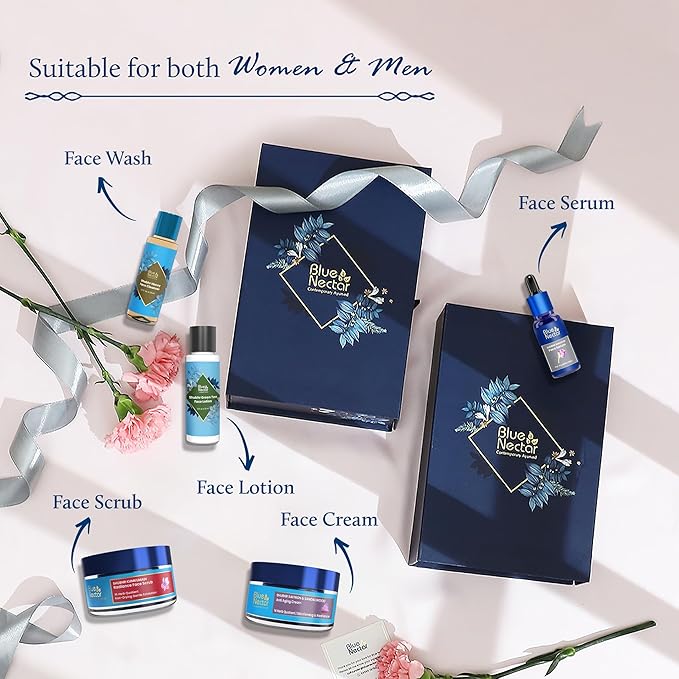 Premium Ayurvedic Beauty Gift Set for Women & Men | Blue Nectar Face Serum, Scrub, Face Wash, Cream & Lotion with Herbal Ingredients | Ideal Christmas Holidays Gift for Mom, Dad,Girlfriend & Coworkers