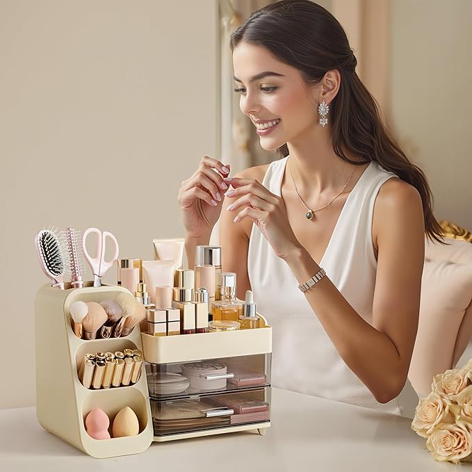 HBlife Makeup Organizer with Brush Holder for Vanity, Large Plastic Bathroom Countertop Organizer Skin Care Storage, Easy to Store Lipsticks, Nail Polishes, Perfumes, Eyeshadow Palettes, Beige