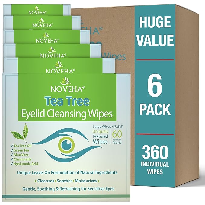 NOVEHA 360PCs Tea Tree Oil Eyelid & Lash Wipes With Hyaluronic Acid, Green Tea & Chamomile For Blepharitis & Itchy Eyes, Individually Wrapped Eyelash Wipes Natural Makeup Remover & Daily Cleanser