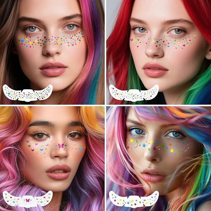 8Pcs Face Makeup Patches, Glitter Freckles Face Tattoo for Teenagers & Young Women, Sparkle Freckles Makeup Patches, Waterproof Face Glitter Freckles for Christmas (8PcsE Rainbow)