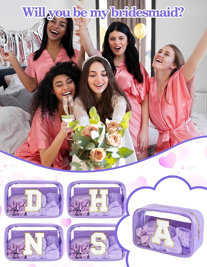Gift Sets for Women, Initial Makeup Bag with Makeup Brush Set Bachelorette Party Favors, Purple Spa Kit with Skincare Headbands Wrist Bands Sleepover Party Supplies Gifts for Teen Girls Bridesmaid A