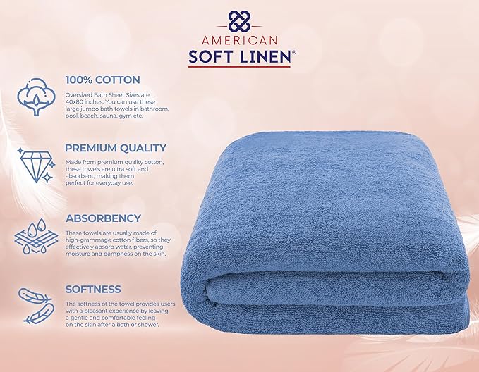 American Soft Linen Oversized Bath Sheet 40x80 Extra Large for Bathroom, 600 GSM 100% Cotton Turkish Jumbo Bathsheet Towels for Adults, Electric Blue Bath Sheet