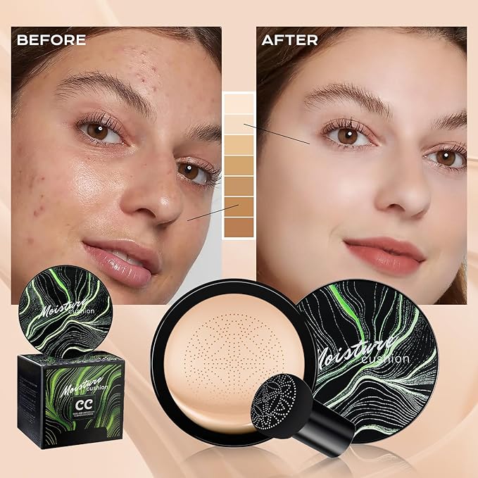 Mushroom Head Air Cushion CC Cream - BB Cream Foundation Makeup Moisturizing Concealer Long-Lasting, Cushion Foundation Full Coverage Self Adjusting for Mature Skin & All Skin Types (Medium Deep)