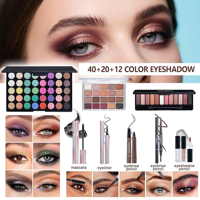 Makeup Kit for Women Full Kit、 Makeup Gift Set for Beginners Teenager,Makeup Sets for Teens、 Multipurpose Makeup ,eyeshadow、 liquid foundation,Loose powder,Eyebrow pencil,4-color lip gloss set