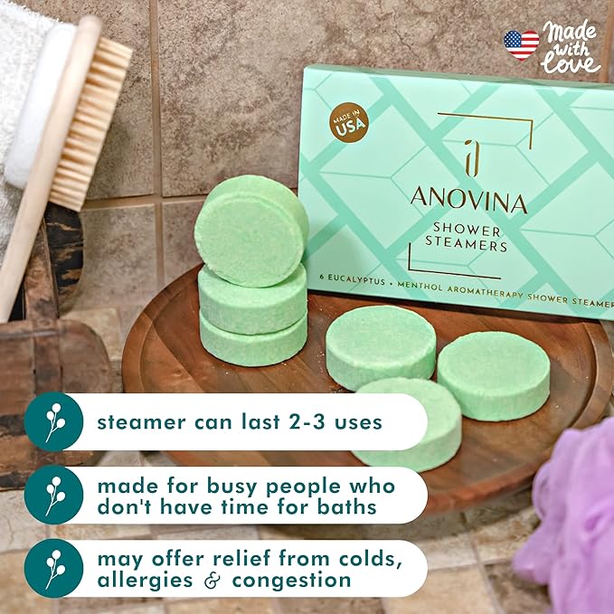Anovina Eucalyptus & Menthol Shower Steamers β Aromatherapy Shower Tablets with Soothing Vapors β Made in USA β Shower Bomb Gift Set for Men & Women