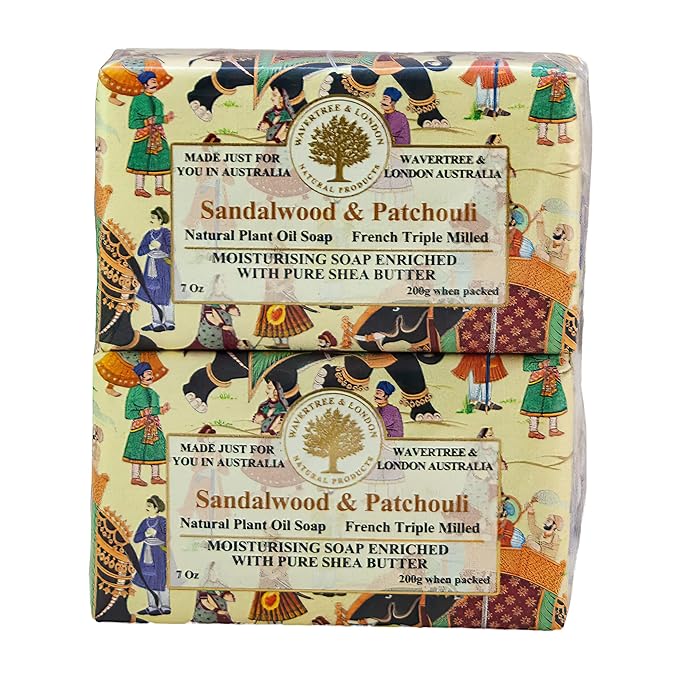 Wavertree & London Sandalwood & Patchouli Scented Natural Soap (2 Bars), 7oz Moisturizing French Triple Milled Soap Bars enriched with shea butter - Pure Plant Oil Bath & Body Bars for All Skin Types