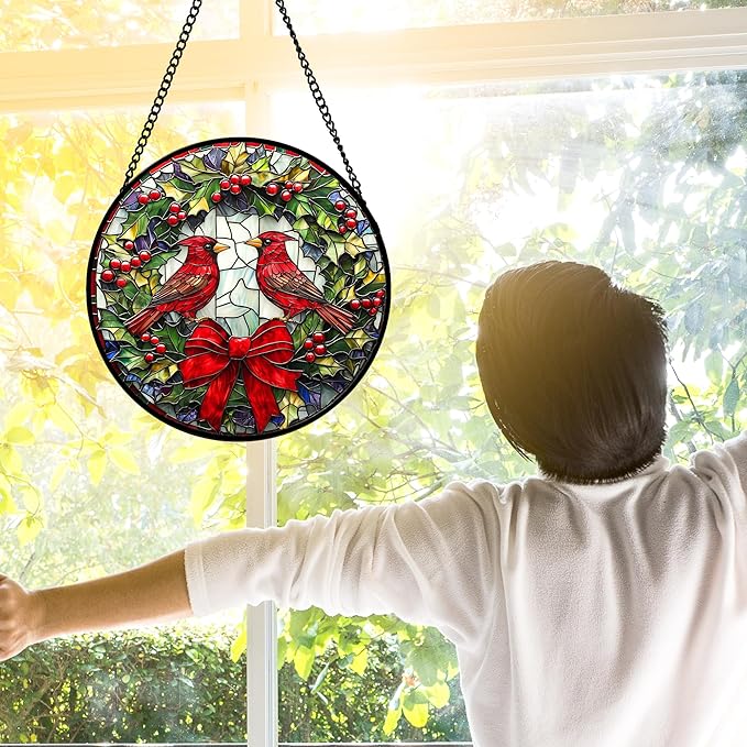 Stained Glass Window Hanging - Cardinals Green Wreath Suncatcher for Doors Home Christmas Decoration Red Bird Sun Catcher Thanksgiving New Year Birthday Gift for Women Men Mom Nana 11.8 in