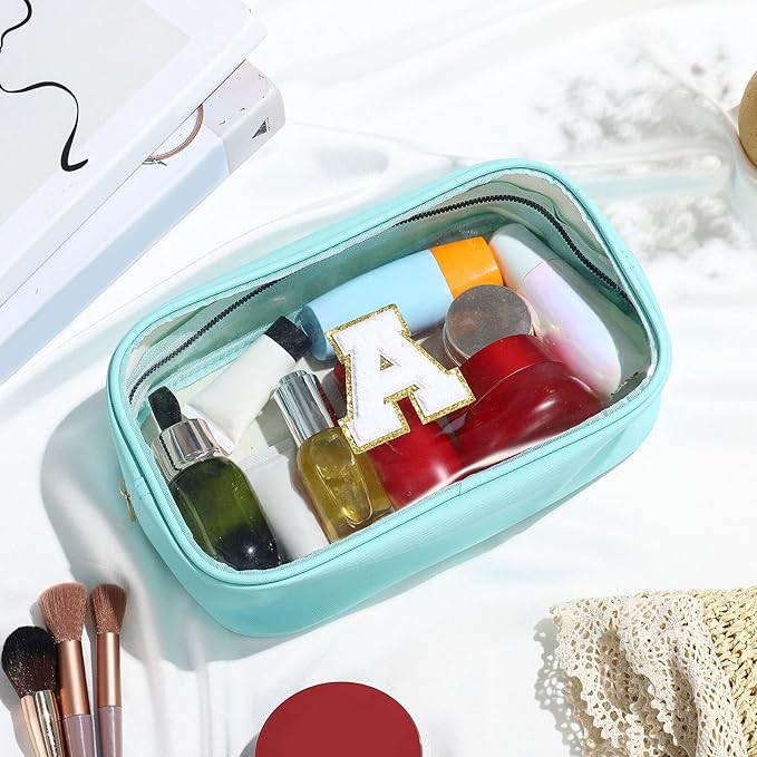 YOOLIFE Initial Make Up Bag Travel Toiletry Bag, Clear Makeup Bag Preppy Cosmetic Bags Organizer Travel Essentials Gifts for Women Teen Girlfriend Teacher Mom Birthday 12 Year Old Girl Gifts Blue T