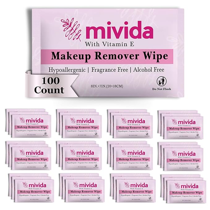 mivida 100 Count Individually Wrapped Makeup Remover Wipes with Vitamin E | Fragrance-Free, Alcohol-Free makeup wipes | Hypoallergenic single make up removing wipes