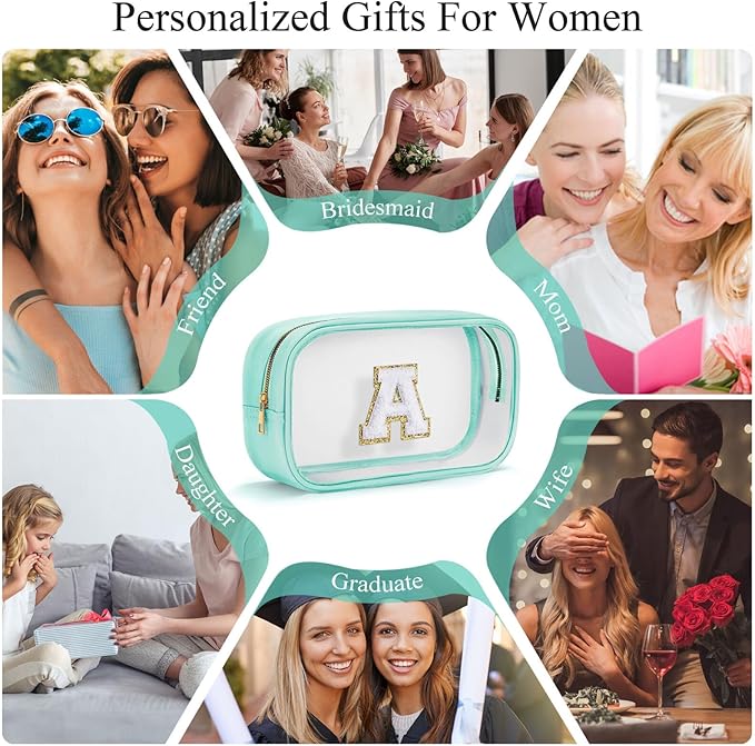 YOOLIFE Initial Make Up Bag Travel Toiletry Bag, Clear Makeup Bag Preppy Cosmetic Bags Organizer Travel Essentials Gifts for Women Teen Girlfriend Teacher Mom Birthday Mothers Day Gifts Blue L