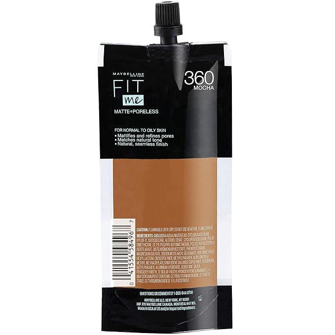 Maybelline New York Fit Me Matte + Poreless Liquid Foundation, Pouch Format, 360 Mocha, 1.3 Ounce