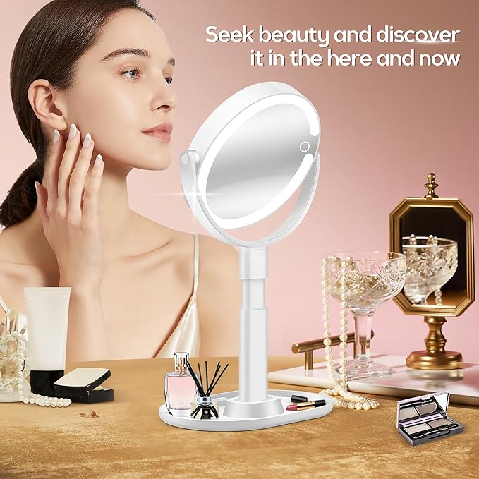 B Beauty Planet Makeup Mirror with Lights, Lighted Magnifying Mirror 30X with 3 Lighting and Adjustable Brightness, 2-Sided Height Adjustable Vanity Mirror for Bathroom, Gifts for Women White