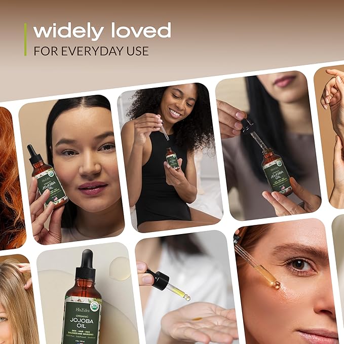 Ella & Eden Organic Jojoba Oil – USDA Certified, Cold-Pressed, 100% Pure & Unrefined, Hexane-Free Oil for Skin, Face, Hair & Nails – 4 Oz Glass Bottle