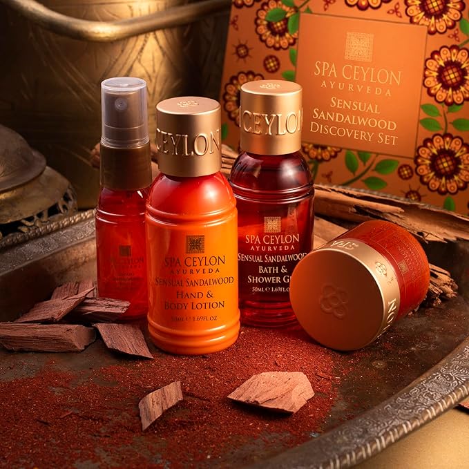 Spa Ceylon Sensual Sandalwood Discovery Set | Mind & Body Care Travel Size Set for All Skin Types | Body & Pillow Mist | Bath & Shower Gel | Hand & Body Lotion | Body Scrub