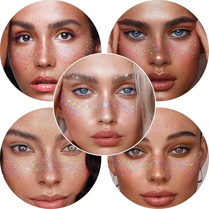 10Pcs Face Makeup Patches, Glitter Freckles Face Tattoo for Teenagers & Young Women, Sparkle Freckles Makeup Patches, Waterproof Face Glitter Freckles for Christmas (10PcsA Holographic Multicolor)
