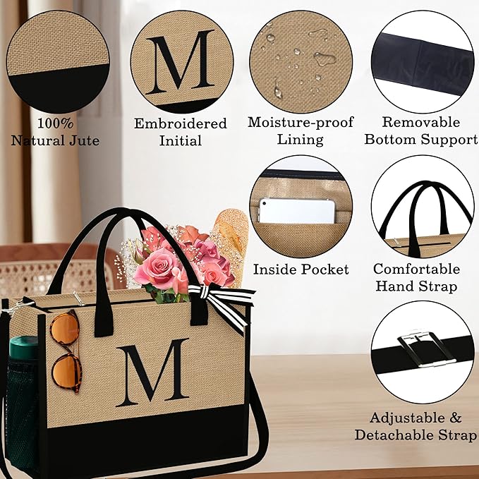 YOOLIFE Personalized Gifts for Women - Initial Jute Tote Bag & Makeup Bag, Birthday Gifts for Women Mom Wife Teacher Friend