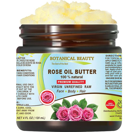 Botanical Beauty ROSE OIL BUTTER 100% Natural Rose Essential Oil in Shea Nut Butter for FACE SKIN BODY HAIR NAILS Beauty Skin Moisturizer Oil Butter Skin Nourishing (4 Fl Oz)