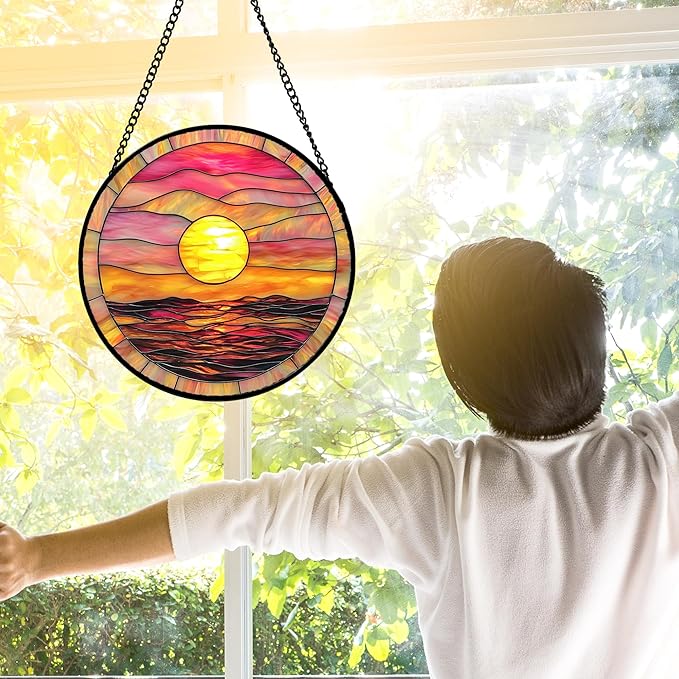 Stained Glass Window Hanging, Sunrise Sea Surface Sun Catchers Diamond Glass Panel Hangings Abstract Suncatcher Decor for Birthday for Women, Men, Wife, Aunt, and Mom 6.3 in