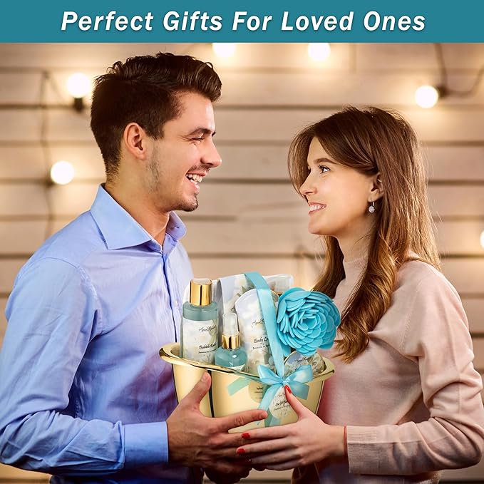 Spa Gift Baskets For Women - Luxury Bath Set With Jasmine & Lavender - Spa Kit Includes Body Wash, Bubble Bath, Lotion, Bath Salts, Body Scrub, Body Spray, Shower Puff, and Towel