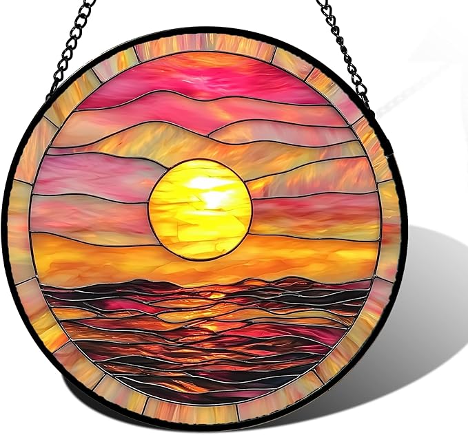 Stained Glass Window Hanging, Sunrise Sea Surface Sun Catchers Diamond Glass Panel Hangings Abstract Suncatcher Decor for Birthday for Women, Men, Wife, Aunt, and Mom 6.3 in