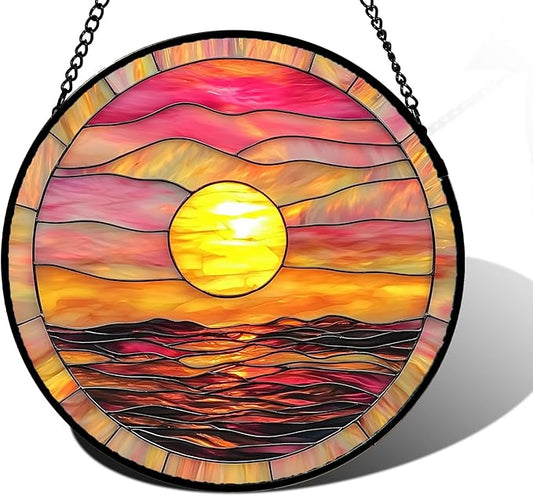 Stained Glass Window Hanging, Sunrise Sea Surface Sun Catchers Diamond Glass Panel Hangings Abstract Suncatcher Decor for Birthday for Women, Men, Wife, Aunt, and Mom 6.3 in