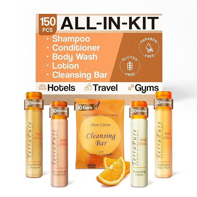 Terra Pure Wild Citrus Toiletries Set | 1-Shoppe Amenities Kit | 1oz Shampoo, Conditioner, Body Wash, Lotion, 1oz Bar Soap | 150 Pieces