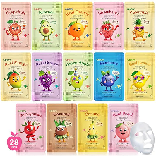 28 Pack Fruit Face Masks Skincare for Kids Girls, Sheet Collagen Face Mask for Women Skin Care, Bulk Hydrating Facial Mask for All Skin Types, Christmas Birthday Party Spa Gifts for Teens