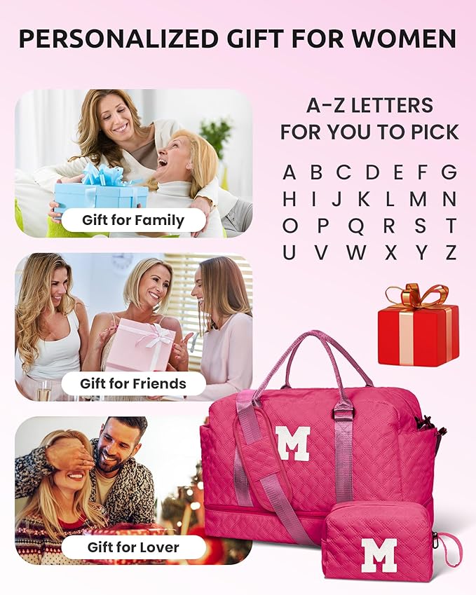 Travel Essentials for Women, Girl Birthday Gift-Initial Travel Bag with Shoe Compartment, Weekender Bag, Monogram Overnight Bag for Women, Letter Travel Bag with Makeup Bag (Letter J)