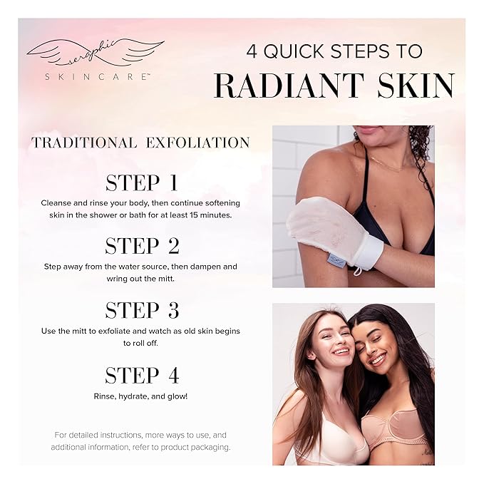 Seraphic Skincare (Original) Divine Glow Exfoliating Mitt (2pcs) – 100% Vegan Viscose Traditional Body Scrub Glove Kessa Korean Washcloth – Body Exfoliator for Self-Tan Removal & Keratosis Pilaris