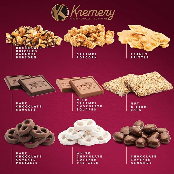 KREMERY Creamy Chocolate Cravings - Chocolate Covered Pretzels & Caramel Popcorn Gift Basket, in Seagrass Tray + Ribbon (Premium, 2.5 lbs) Food Arrangement, Food Assortments USA Made