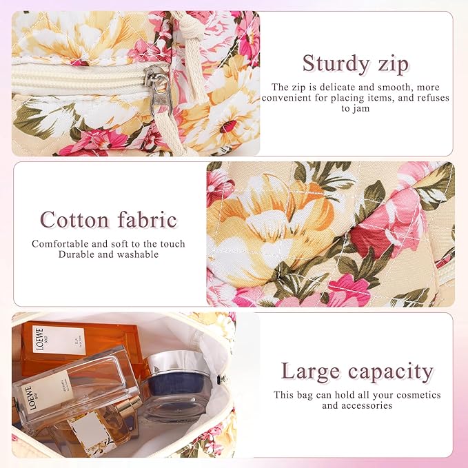 Anfly Makeup Bag, Quilted Cosmetic Bags, Large Floral Make Up Bag, Cute Makeup Bag 3PC Set for Women Girls (Large Flowers)