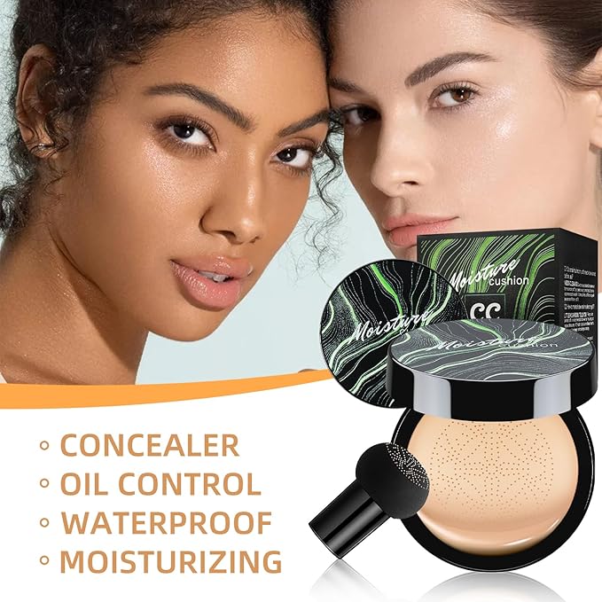 Mushroom Head Air Cushion CC Cream - BB Cream Foundation Makeup Moisturizing Concealer Long-Lasting, Cushion Foundation Full Coverage Self Adjusting for Mature Skin & All Skin Types (Medium Deep)