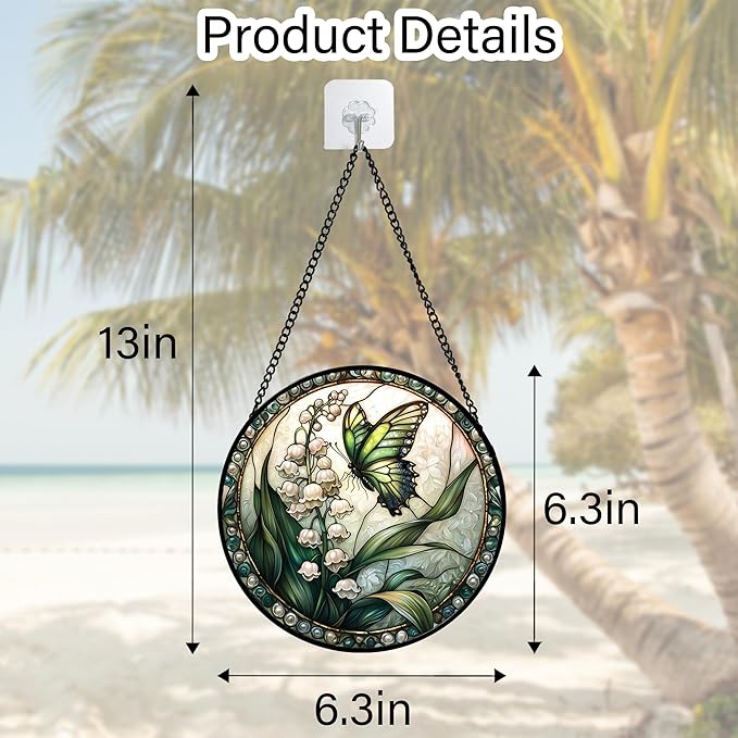 Stained Glass Window Hanging, Lily of The Valley Flower Butterfly Suncatcher for Doors Home Sun Catchers Decoration and Christmas, Mother's Day Birthday Gifts for Women, Men, Mom 6.3 in