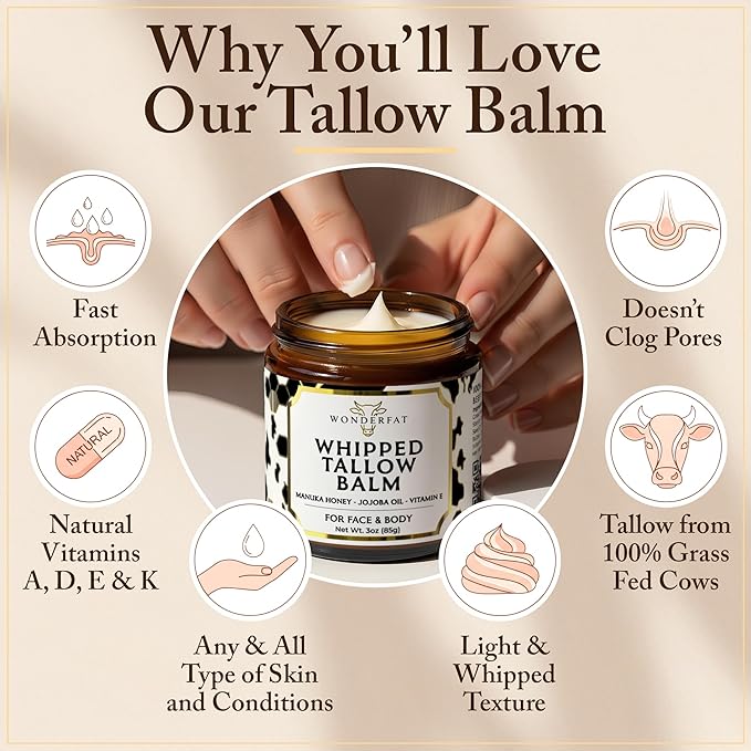 Whipped Tallow and Honey Balm for Face - Unscented Grass Fed Beef Tallow for Skin, Moisturizer Cream with Manuka Honey, Jojoba Oil, Mango Butter & Vitamin E - For Dry Skin & Body - 3 oz