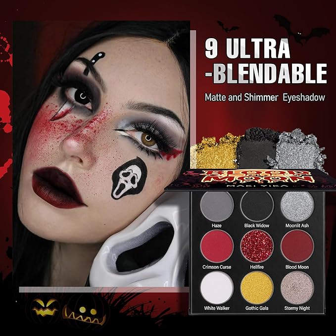 Black Red Eyeshadows Palette 9Color Pigmented Dark Red Black Grey Eye Shadows Long Lasting Eyeshadow Halloween Goth Eye Makeup-Black Red