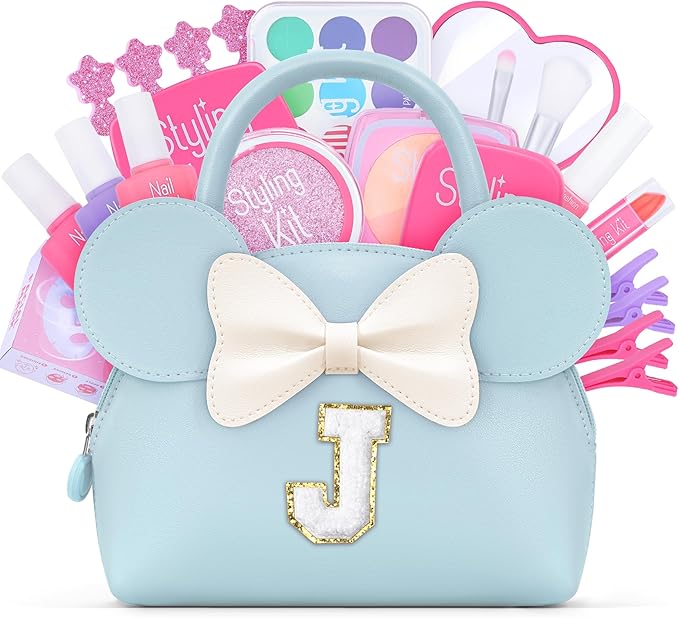 Kids Real Makeup Kit for Girls - 21Pcs Non-Toxic Make Up Toys with Initial Toddler Purse - Personalized Birthday Gifts for Age 5 6 7 8 9 10 Years Old Girls Vanity Set - J