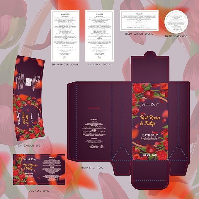 spa kit Gifts for Her Mother's Day Bath Spa Gift Set Red Rose & Tulip Spa Basket Kits for Women, Contains Body Oil, Body Lotion, Salt, self care baskets for women gift Mother's Day Gift for Mom