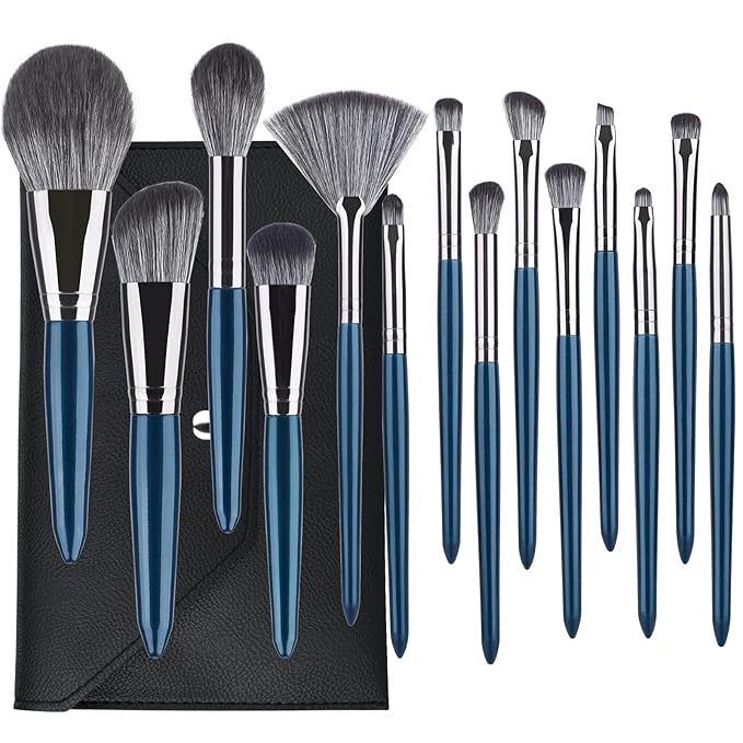 Professional Makeup Brush Set 14Pcs Makeup Brushes Kit Foundation Eyeshadow Powder Blending Eyebrow Eyelash Kabuki Brushes Cosmetic Brushes Travel Kits With Leather Bag Gift