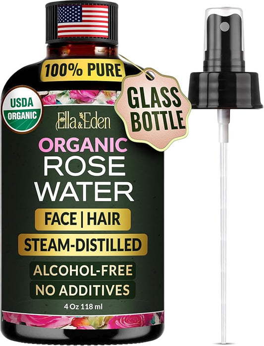 Ella & Eden Organic Rose Water Spray for Face, Hair | Hydrating, Refreshing Face Mist | USDA Certified 100% Pure Steam Distilled Hexane-Free - 4 Oz
