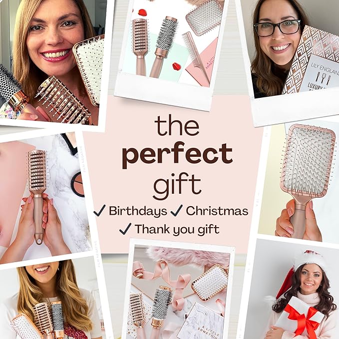 Luxury Hair Brush Gift Set for Women & Girls - Lily England 4-Piece Professional Styling Collection - Premium Ladies Gift Set | Elegant Gifts for Women for All Hair Types - Matte Rose Gold