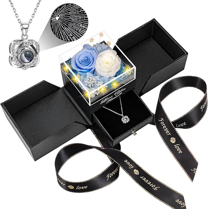 2 Preserved Real Rose with Heart I Love You Necklace- Eternal Rose Birthday Gifts for Women Wife Girlfriend Her Mom on Festivals Gifts Christmas Valentines Mothers Day Anniversary-Sky Blue White