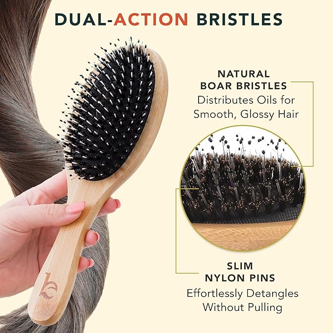 Boar Bristle Hair Brush - Smoothes & Detangles All Hair Types, Hairbrush for Women, Men & Kids, Brush for Thick Hair, Distributes Oils for Natural Shine & Stimulates Scalp
