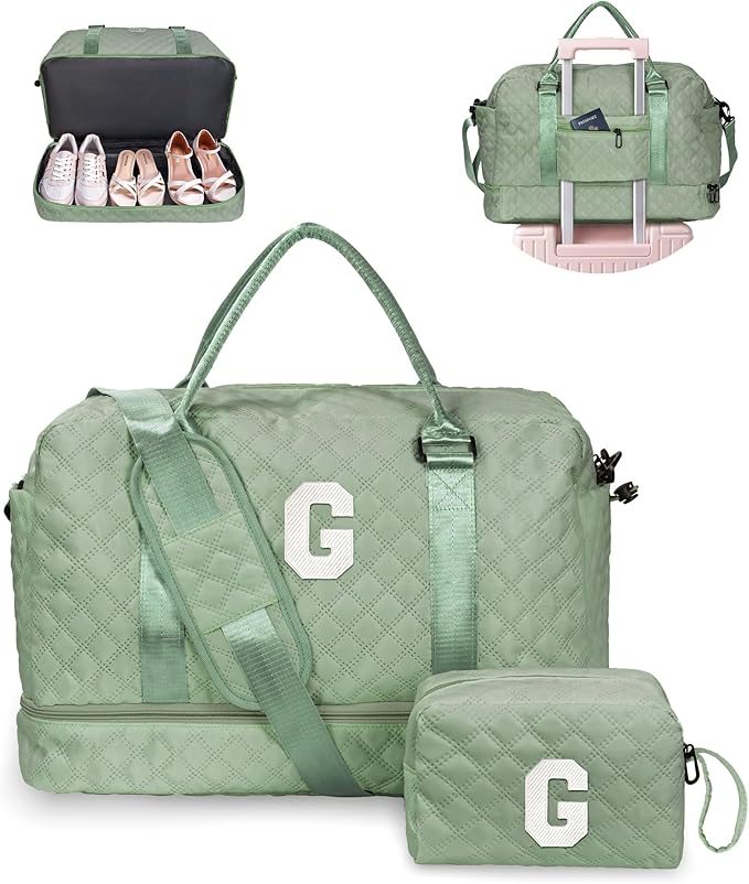 Tween Girls Gifts, Birthday Gift-Initial Travel Bag with Shoe Compartment, Personalized Weekender Bag, Girl Overnight Bag, Engagement Gifts, Letter Travel Bag with Makeup Bag (Letter G)